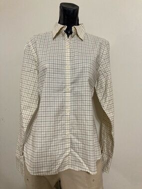 Cream with Brown and Tan Plaid, Long Sleeve Button-Up Top. Item# SSct4